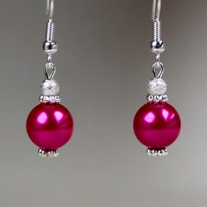 Bijoux de demoiselle d'honneur de mariage en perles de poussière d'étoiles roses fuchsia, ensemble de boucles d'oreilles en plaqué argent avec pendentif goutte image 5