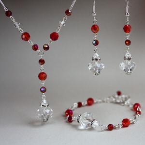 Red crystals rhinestone vintage silver chain necklace bracelet drop earrings set, Swarovski crystals set wedding bridesmaid gift jewelry set