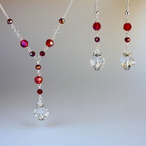 2-piece set, red Swarovski crystals vintage silver chain drop necklace long drop earrings set, wedding party bridesmaid gift jewelry set
