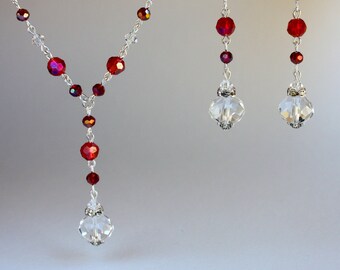 2-piece set, red Swarovski crystals vintage silver chain drop necklace long drop earrings set, wedding party bridesmaid gift jewelry set