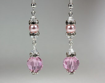 Pink blush Swarovski pearls crystals rhinestones silver wedding jewellery, long drop dangle earrings, bridesmaid bridal accessory