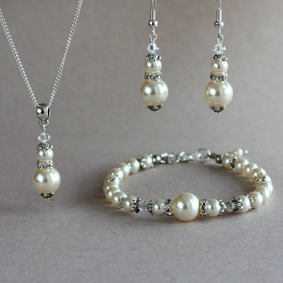 Ivory cream Swarovski pearls crystals, silver pendant necklace earrings bracelet, vintage wedding bridal jewelry bridesmaid accessory set