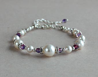 White Swarovski pearls purple mauve Czech fire polished crystals silver rhinestone beaded bracelet, wedding bridal bridesmaid accessory