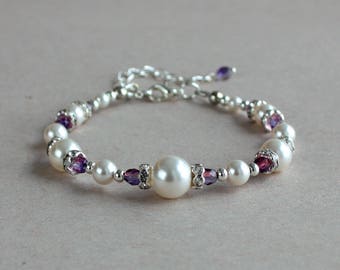 Perles Swarovski blanches mauves, cristaux tchèques polis au feu, argent, strass, accessoire de demoiselle d'honneur de mariée