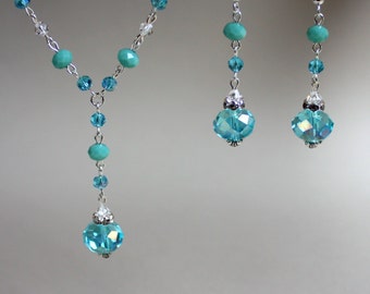 Turquoise blue Swarovski crystals vintage silver chain drop necklace long drop earrings set, wedding party bridesmaid gift jewelry set