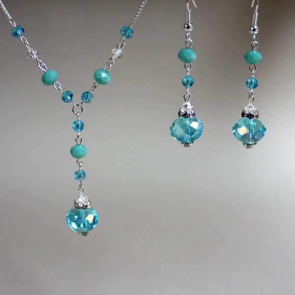 Turquoise blue Swarovski crystals vintage silver chain drop necklace long drop earrings set, wedding party bridesmaid gift jewelry set
