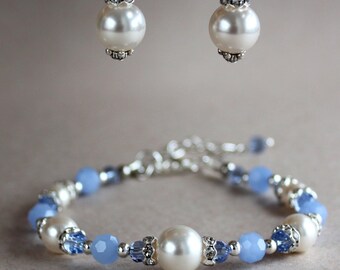 White Swarovski pearls blue crystals silver plated 2 piece earrings and bracelet wedding set, bridesmaid bridal jewelry