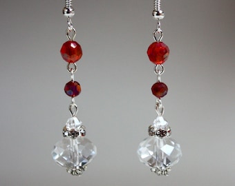 Bright red crystals rhinestones vintage silver drop earrings, Swarovski crystals earrings, wedding party bridesmaid gift dangle earrings