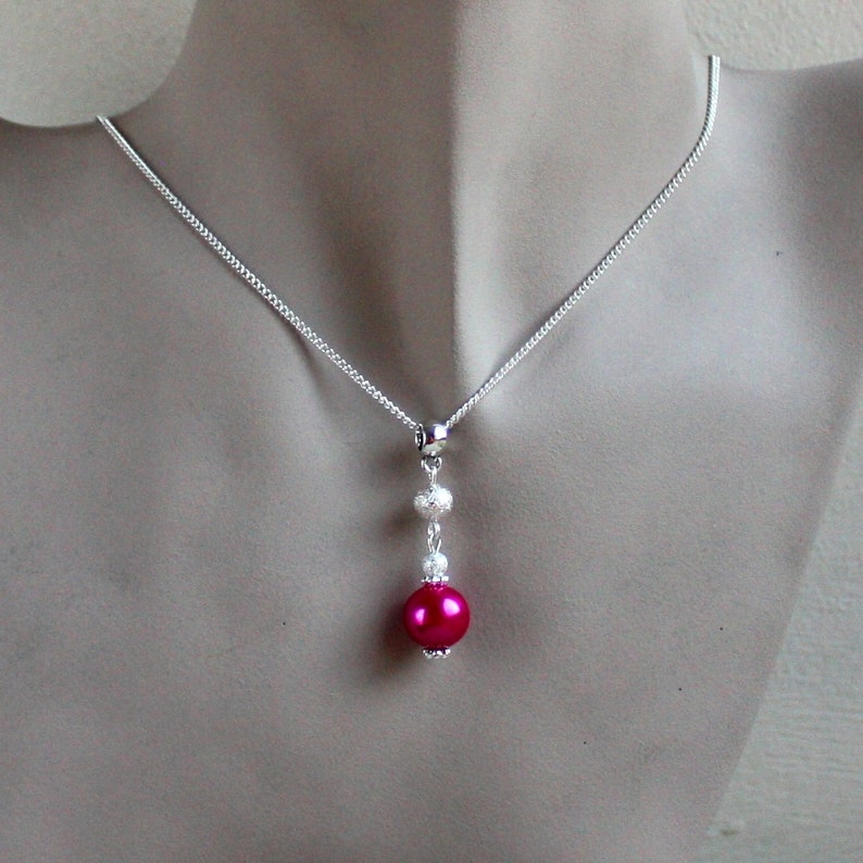 Bijoux de demoiselle d'honneur de mariage en perles de poussière d'étoiles roses fuchsia, ensemble de boucles d'oreilles en plaqué argent avec pendentif goutte image 4