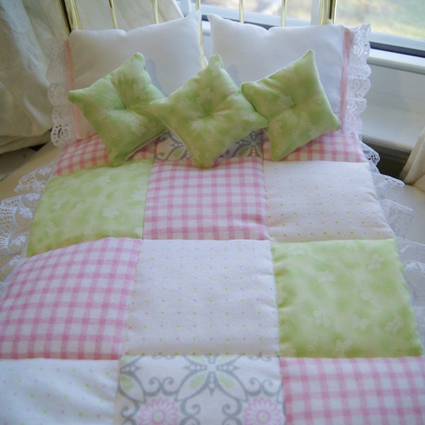 Boutique Puffy Quilt & Bed Pillows Handmade for 18" Dolls American Girl Pink Mint Green Butterfly Patchwork and Lace Blanket Bedding Baby