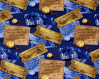In Stock! Polar Express Ticket & Bell Toss Blue 100% Cotton Quilt Fabric by Camelot