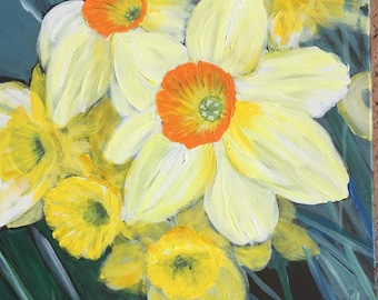 JONQUILS AND DAFFODILS is a charming, bright, floral acrylic painting on canvas 16”x20”x1/2” with painted edges.