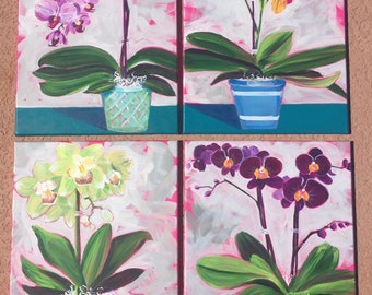 FOUR ORCHIDS is a set of 4 stunning original orchid paintings on canvas. Each piece measures 16”x20”x1/2” with painted pink edges.