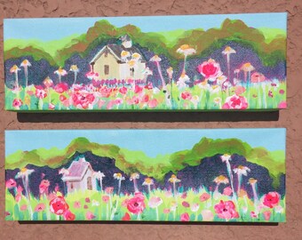 SUMMER FIELDS is a charming 2-piece set (dyptych) of acrylic paintings on deep edged canvas 4”x12”x1 1/2” (each) with painted edges.