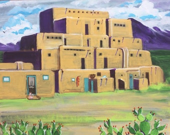 TAOS PUEBLO is an awesome, acrylic painting on black canvas 16”x20”x1/2” with unpainted black edges.