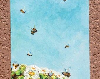 HONEYBEES SAGUARO is a tall, vertical, whimsical acrylic painting on gallery wrapped canvas 24”x 12” x1-1/2” painted edges.