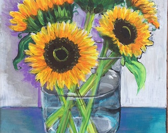 KITCHEN SUNFLOWERS is a sweet, happy, floral acrylic painting on black canvas 12”x24”x1” with black edges.