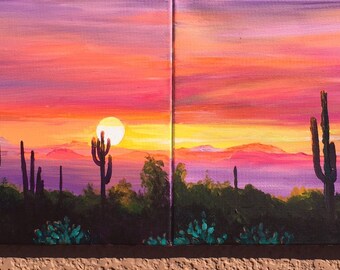 A DESERT SUNSET is stunning dyptych ( 2 canvases ) acrylic paintings on canvas both canvases measures 14”x14”x1/2”. Both canvases:14”x28”.