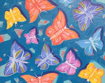 BEAUTIFUL BUTTERFLIES is a colorful, bold, showy acrylic painting on gallery wrapped canvas 20”x20”x1 1/2” with painted edges.