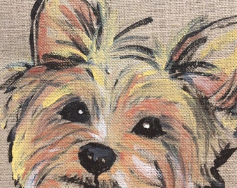 SWEET YORKIE is a precious, graphic dog pet portrait painting on linen 12”x16”x1/2” hand painted in acrylic with applied gold leaf foil