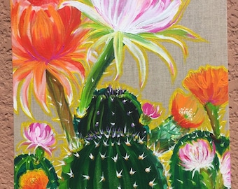 CACTUS BLOOMS is a beautiful acrylic painting on natural linen 14”x18”x1/2” unpainted edges.