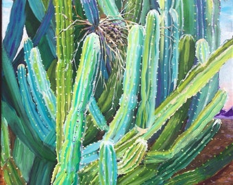 HOME SWEET HOME is a charming, desert cactus acrylic painting 16”x20”x1/2” on black canvas with unpainted black edges.