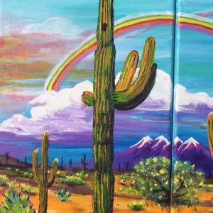 ARIZONAS FOUR PEAKS is a diptych 2 paintings that are a whimsical, colorful, duo of acrylic paintings on canvas 8x10x1/2 each. image 3