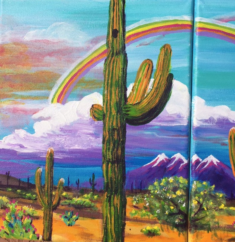 ARIZONAS FOUR PEAKS is a diptych 2 paintings that are a whimsical, colorful, duo of acrylic paintings on canvas 8x10x1/2 each. image 3