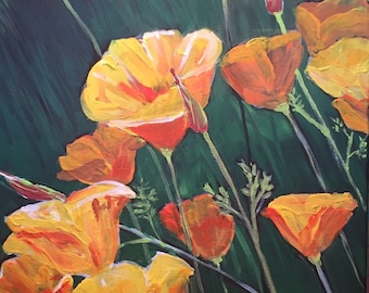 CALIFORNIA POPPIES is a beautiful floral acrylic painting on black canvas 12”x24”x1/2”.