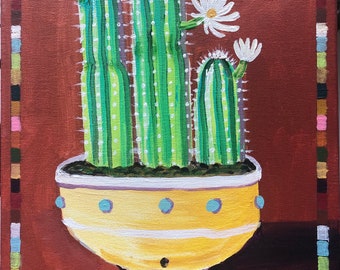 POTTED FENCE POST cactus is a charming, southwestern style, acrylic painting 11”x14”x1/2” on canvas with painted edges.