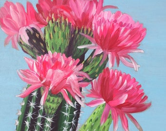 PRETTY IN PINK is a stunning pink cactus flower acrylic painting on canvas 16”x20”x1/2 with painted blue edges.