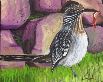 THE CARNIVORE is a natural, close-up acrylic painting 16”x20”x1/2” of an Arizona roadrunner, having dinner.