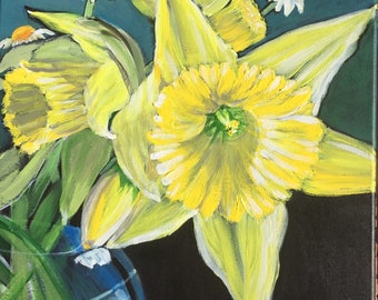 DAFFODILS AND DAISIES is a stunning, bright, floral acrylic painting 16”x20”x1/2” with painted edges.