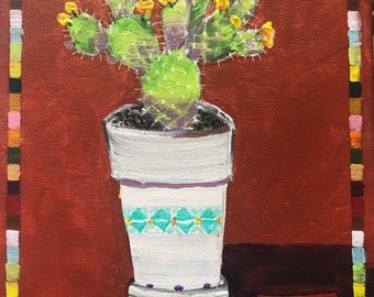 POTTED PRICKLY PEAR is a darling, southwestern cactus acrylic painting on canvas 11”x14”x1/2” with painted edges.