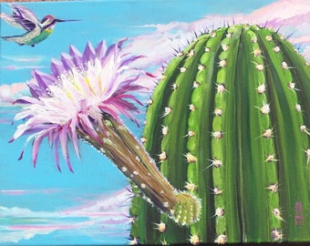 LUNCHTIME IN SCOTTSDALE is a bright, cheery, acrylic painting on black canvas 20”x16”x1/2” painted lavender edges.