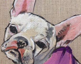 PRECIOUS FRENCHY is a sweet, graphic pet portrait painting on linen canvas 12”x16”x1/2”, hand painted in acrylic with applied copper foil
