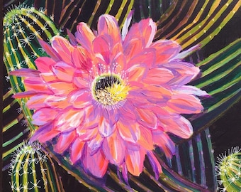 BRIGHT PINK CACTUS flower is a graphic, showy acrylic painting on gallery wrapped canvas 20”x20”x1 1/2” square with white edges.