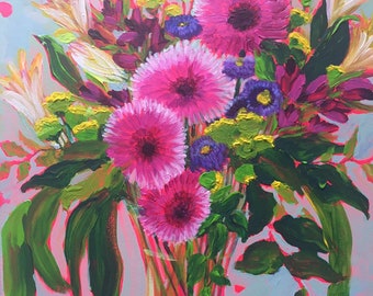 FOUR GERBERA DAISIES is a stunning floral bouquet acrylic painting on canvas 18”x24x1/2” with bright pink edges.