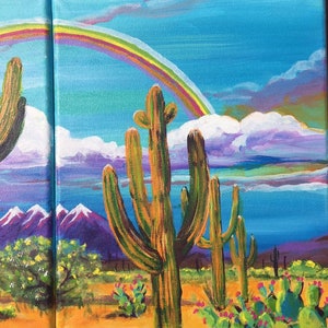 ARIZONAS FOUR PEAKS is a diptych 2 paintings that are a whimsical, colorful, duo of acrylic paintings on canvas 8x10x1/2 each. image 2