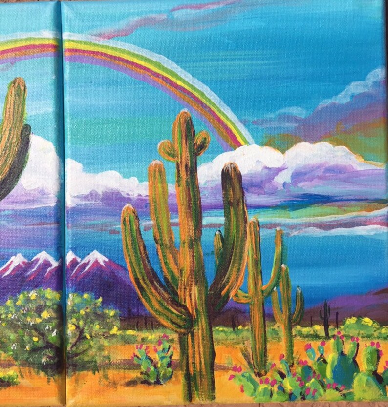 ARIZONAS FOUR PEAKS is a diptych 2 paintings that are a whimsical, colorful, duo of acrylic paintings on canvas 8x10x1/2 each. image 2