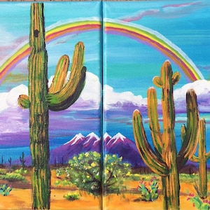 ARIZONAS FOUR PEAKS is a diptych 2 paintings that are a whimsical, colorful, duo of acrylic paintings on canvas 8x10x1/2 each. image 1