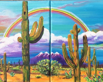 ARIZONAS FOUR PEAKS is a diptych (2 paintings) that are a whimsical, colorful, duo of acrylic paintings on canvas 8”x10”x1/2” each.