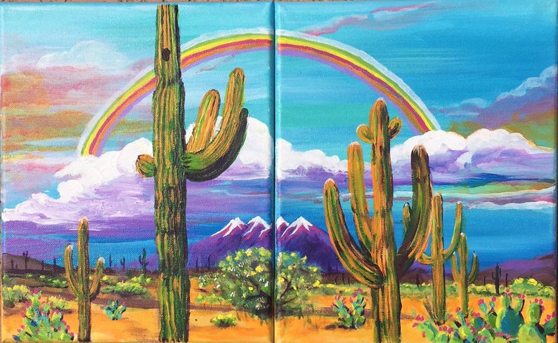 ARIZONAS FOUR PEAKS is a diptych 2 paintings that are a whimsical, colorful, duo of acrylic paintings on canvas 8x10x1/2 each. image 1