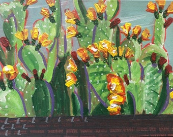 OVER THE SHED roof is a cheery, bright, blooming cactus acrylic painting 11x14”x1/2” with painted red edges.