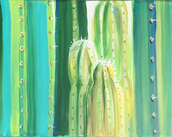 FENCE POST CACTUS is a graphic, bold acrylic painting on canvas 11”x14”x1/2” with painted green edges.