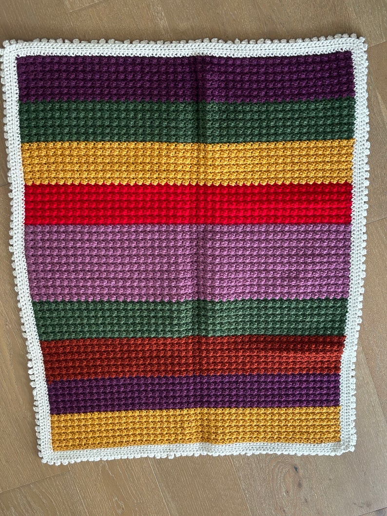 May include: A multi-colored crocheted blanket with a white crocheted border. The blanket has stripes of purple, green, yellow, red, light purple, dark green, brown, and purple.