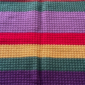 May include: A multi-colored crocheted blanket with a white crocheted border. The blanket is made with a textured stitch and features stripes of purple, brown, green, red, yellow, and dark purple.