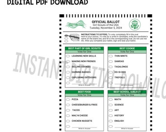 Puede incluir: Una papeleta de votación simulada de Girl Scouts imprimible en verde y blanco. La papeleta incluye categorías para la mejor parte de Girl Scouts, la mejor galleta, la mejor comida y la mejor asignatura escolar. Los votantes pueden elegir entre una variedad de opciones, que incluyen aprender nuevas habilidades, Thin Mints, pizza y matemáticas.
