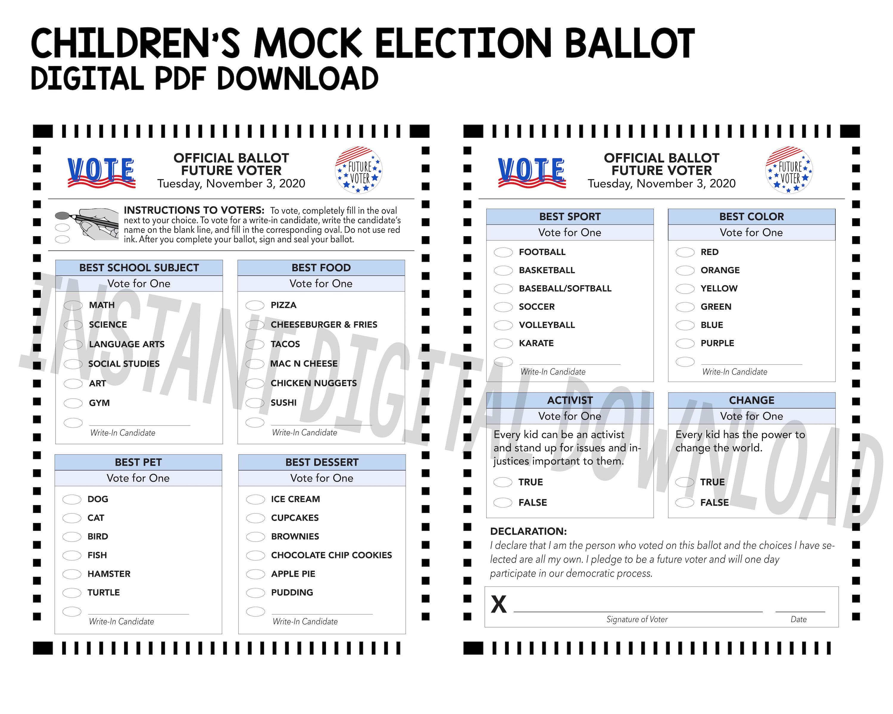 Future Voter Children's Mock Election Ballot INSTANT DIGITAL DOWNLOAD ...