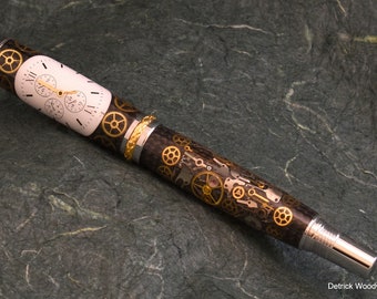 Handcrafted one of a kind fountain / rollerball watch parts pen. Chrome with gold accents. Includes wood presentation box and free shipping